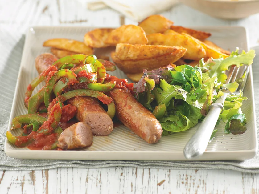 Sausages with braised capsicum sauce