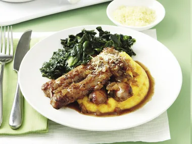 Pork Sausages with Creamy Silverbeet and Polenta