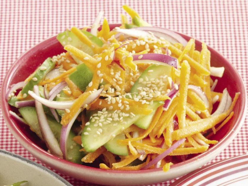 Chicken pilaf with carrot and cucumber salad