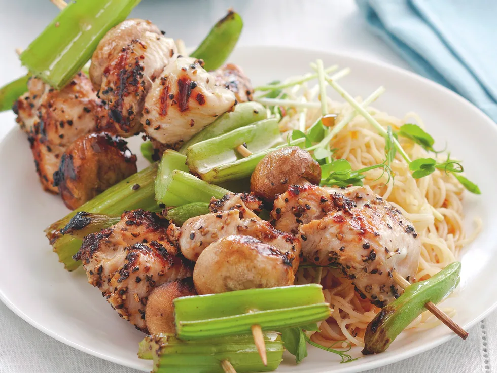 Salt and Pepper Chicken Skewers with Noodle Salad