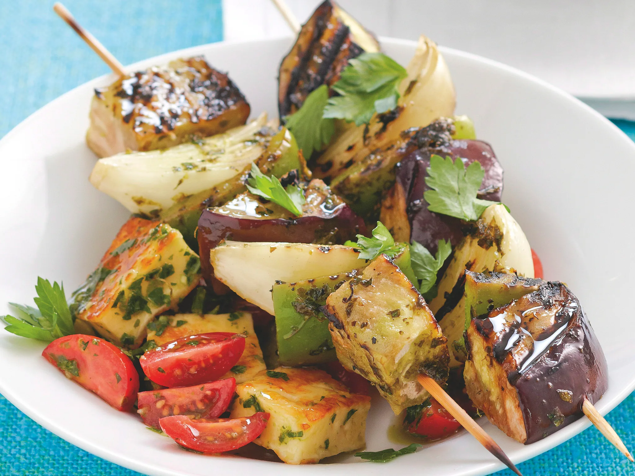 Vegetable Skewers with Herbed Haloumi