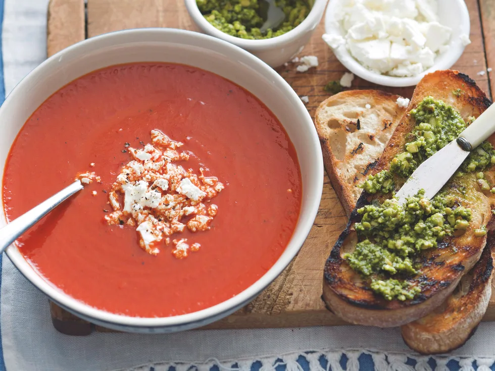 Capsicum Soup with Fetta and Pesto Toasts