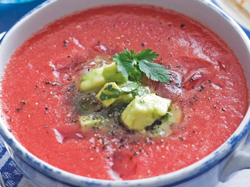 Chilled Mexican tomato soup with avocado salsa