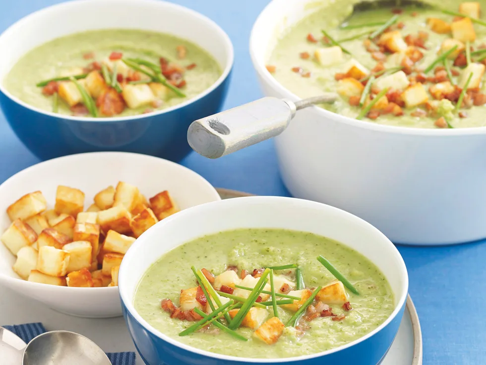 Broccoli, Pea and Bacon Soup with Haloumi