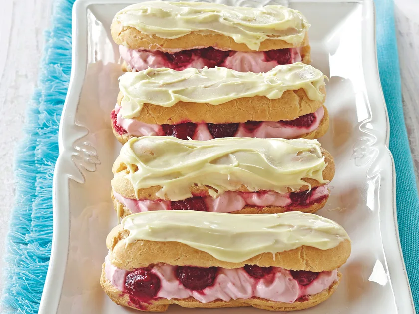 Raspberry and white chocolate eclairs