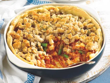 Make-ahead pies - Crouton topped beef and chorizo pie