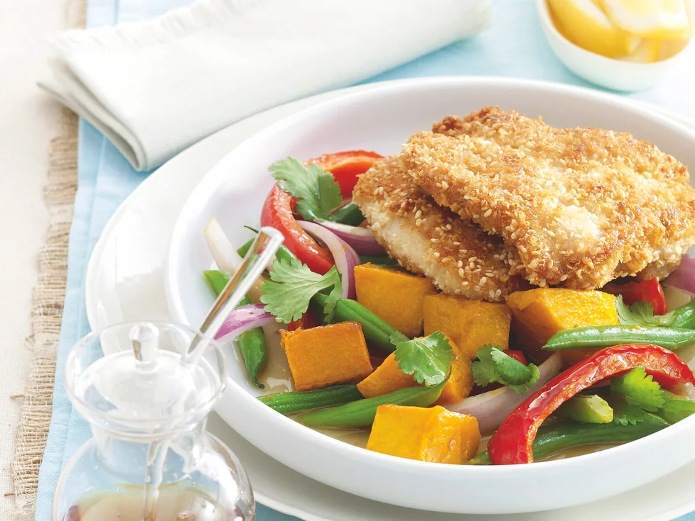 Sesame-crusted Schnitzel with Roast Pumpkin Salad