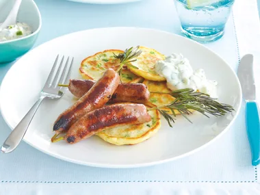 Rosemary Sausages with Pea Fritters