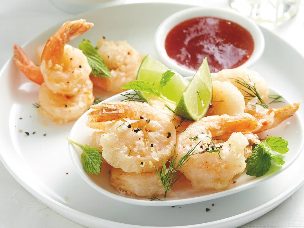 Crispy Prawns with Rhubarb Vinaigrette