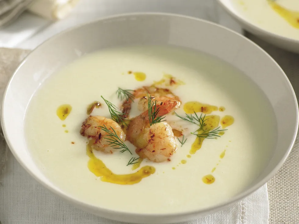Parsnip Soup with Saffron Prawns