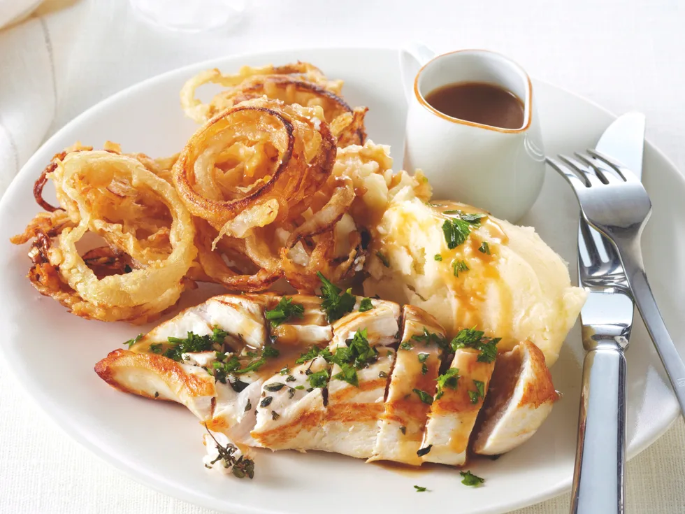 Roast chicken with beer batter onion rings