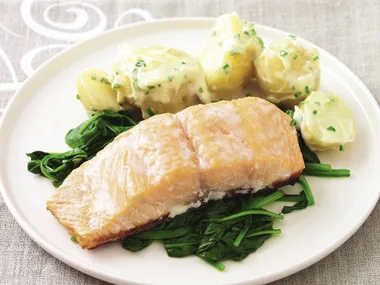 Roast salmon with potato and aioli