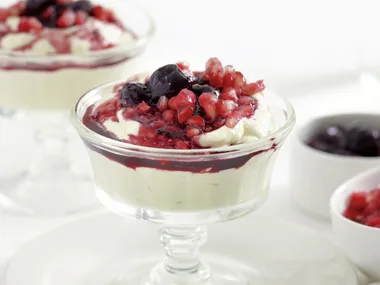 Saffron Paneer Mousse with Cherry Sauce