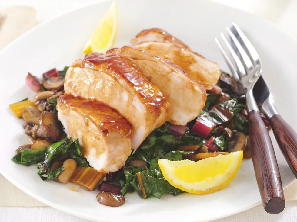 Palm Sugar Chicken with Rainbow Chard