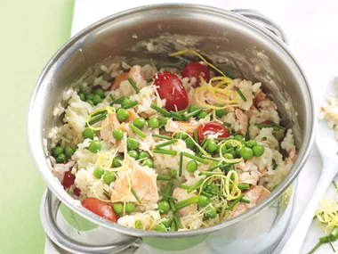 Salmon, Pea and Cherry Tomato Risotto