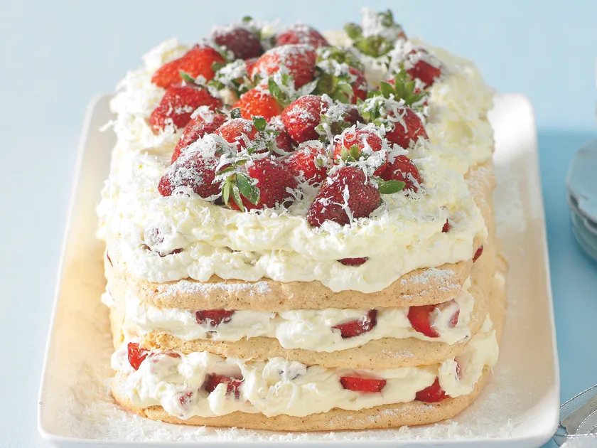 White chocolate and strawberry meringue cake