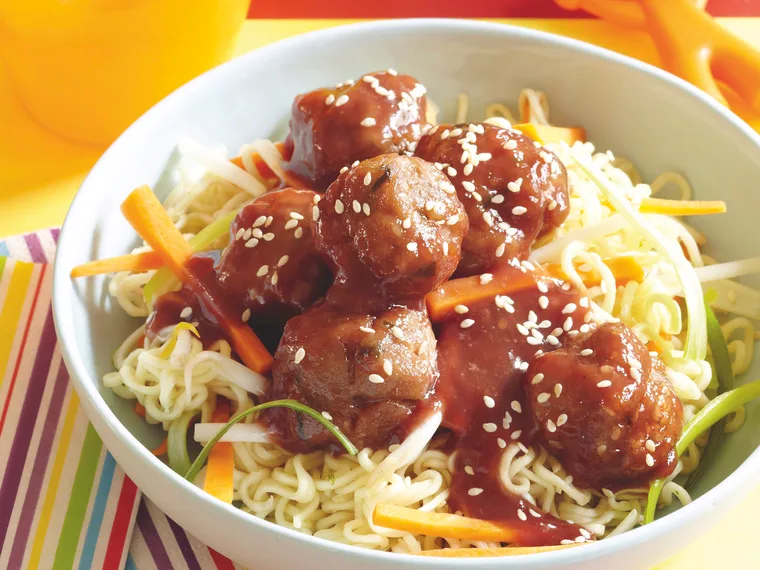 Plum Pork Meatballs with Noodles