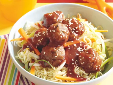 Plum Pork Meatballs with Noodles