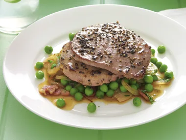 Pepper Minute Steak with Mint and Bacon Peas