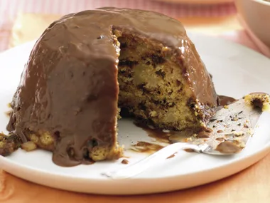 Spicy Fruit Pudding with Chocolate Sauce