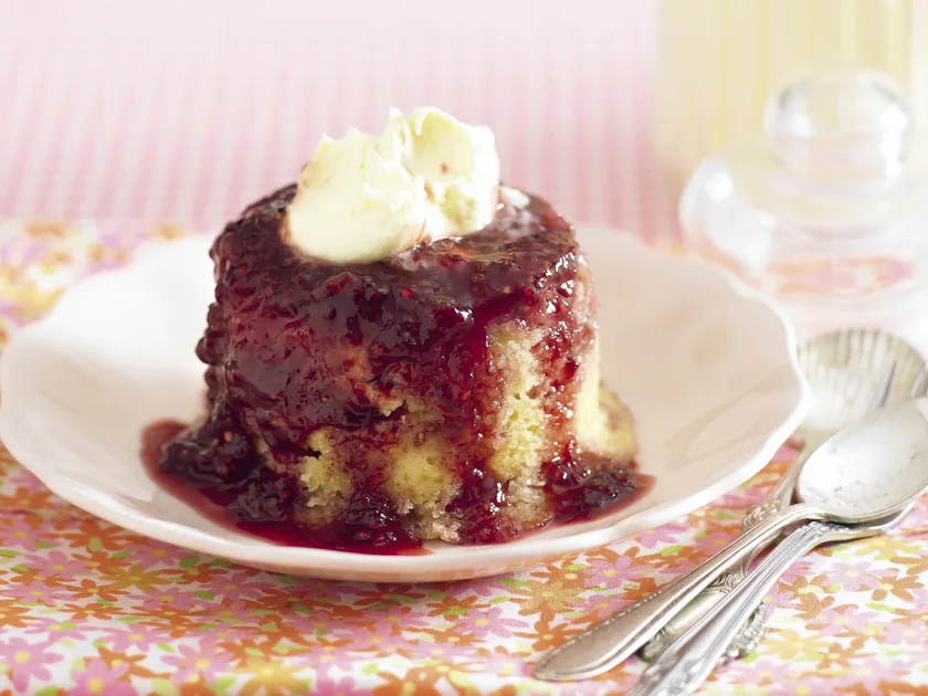White chocolate and raspberry steamed puddings