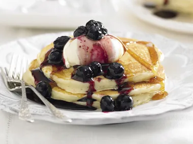Buttermilk Pancakes with Blueberries and Maple Syrup