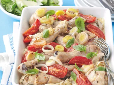 Tomato Baked Drumsticks with Risoni