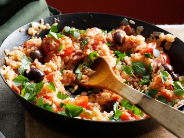 Baked salami and tomato risotto