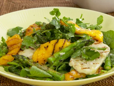 barbecued haloumi, asparagus and mango salad