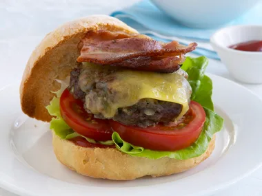 beef and bacon burger with home-style chips