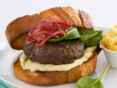 beef burger with lime and red onion relish