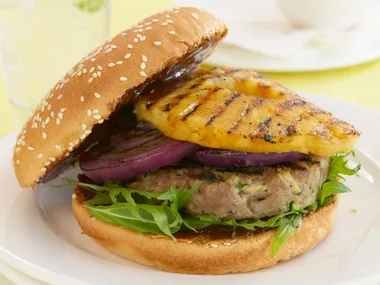 beef burgers with grilled pineapple