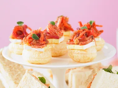 caramelised onion, salami and tomato pastries