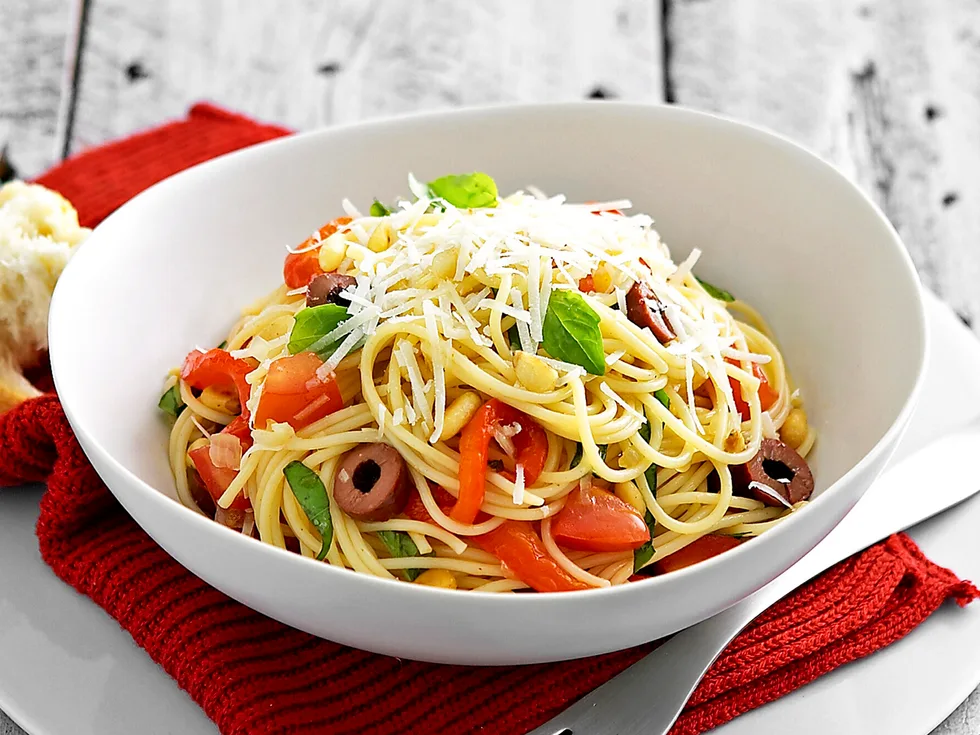 char- grilled capsicum, olive and pine nut spaghetti