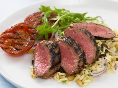 char-grilled chilli lamb with risoni salad