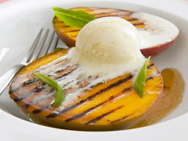 char-grilled mangoes with vanilla bean syrup