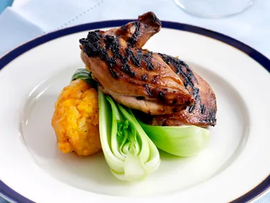 char- grilled spatchcock with carrot and swede mash