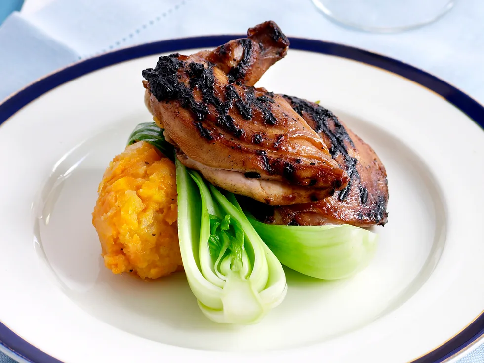 char- grilled spatchcock with carrot and swede mash