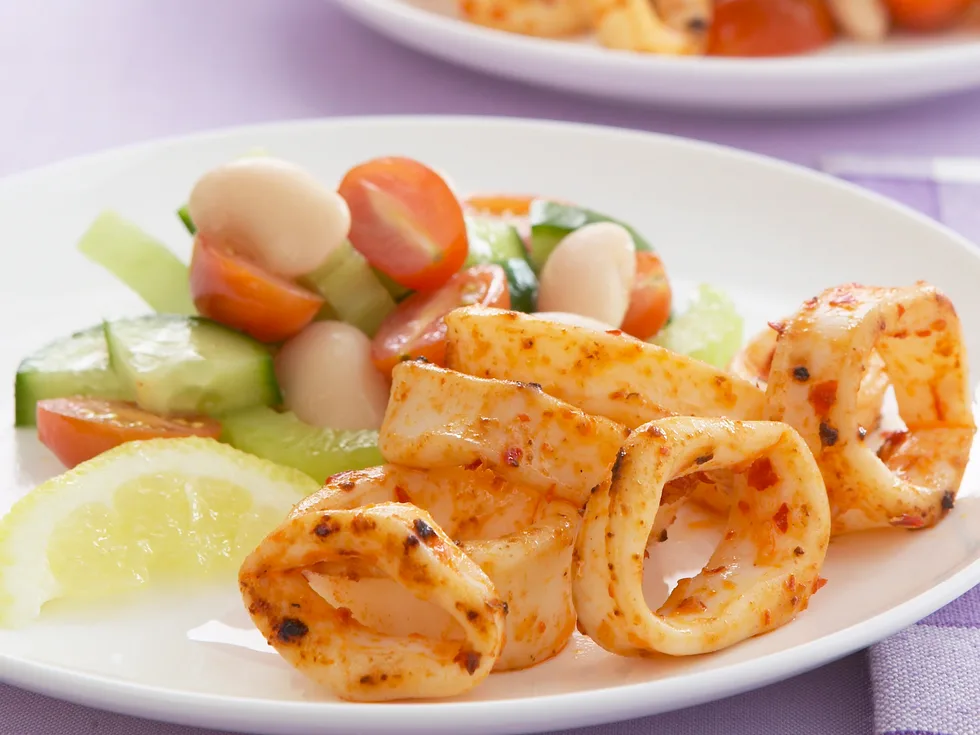 chili calamari with bean salad