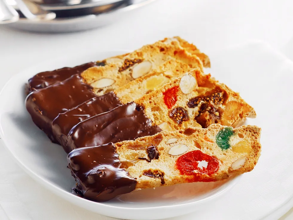 Choc-dipped glace fruit biscotti