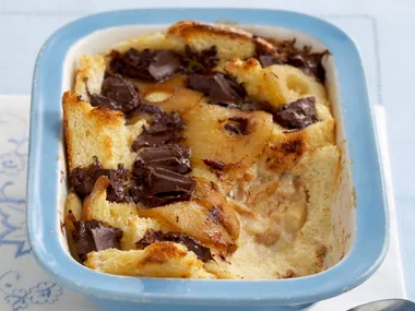 Chocolate and pear bread pudding