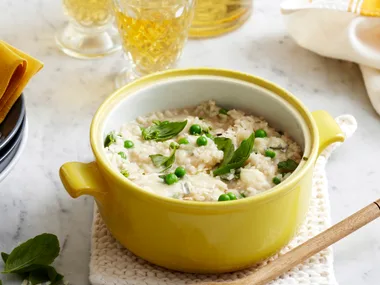 Baby pea and gorgonzola risotto