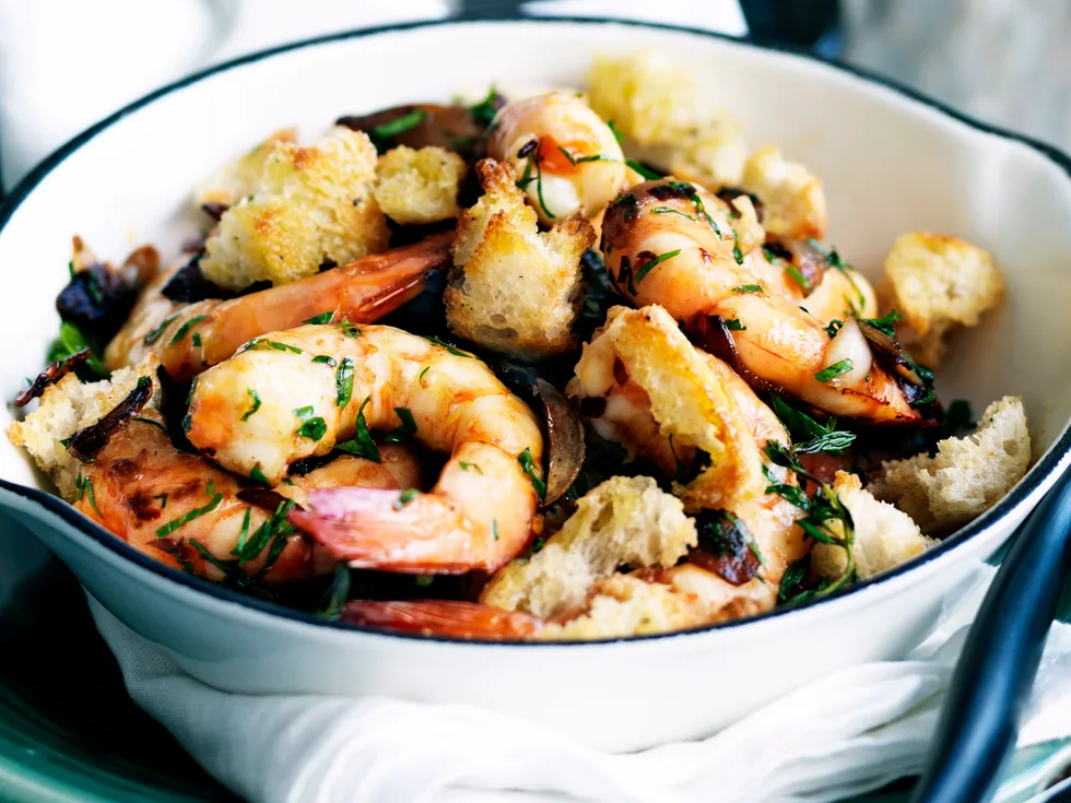 Baked prawns with sourdough croutons