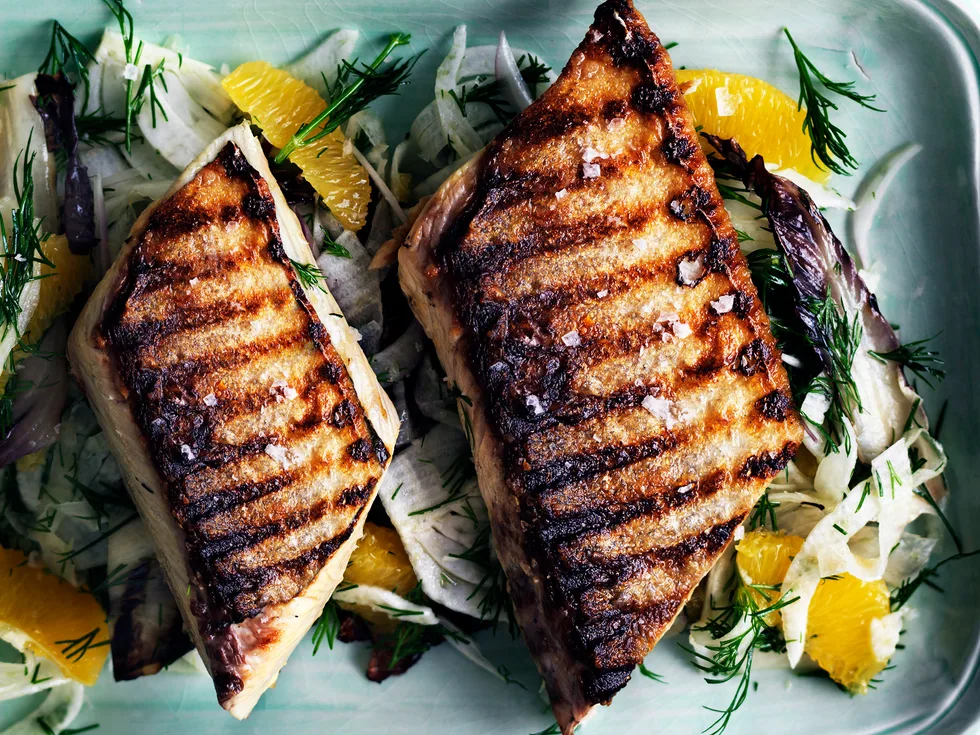 Barbecued kingfish with radicchio, fennel and orange salad