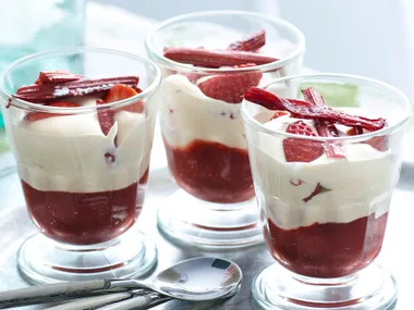 Zabaglione with rhubarb and strawberries