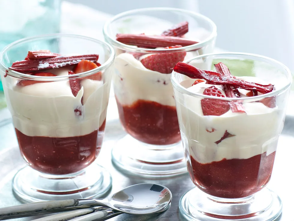 Zabaglione with rhubarb and strawberries