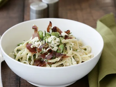 Broad Bean, Ricotta and Bacon Linguine