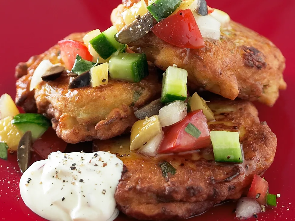 Chickpea Fritters with Tomato and Olive Salsa