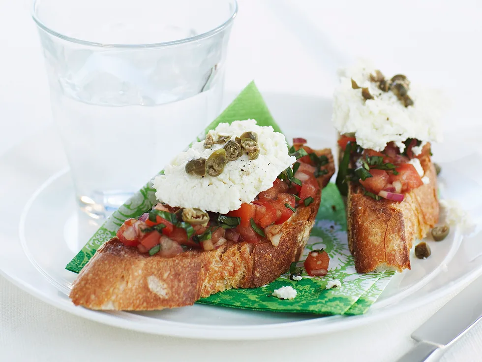 Bruschetta with Ricotta, Tomato and Capers