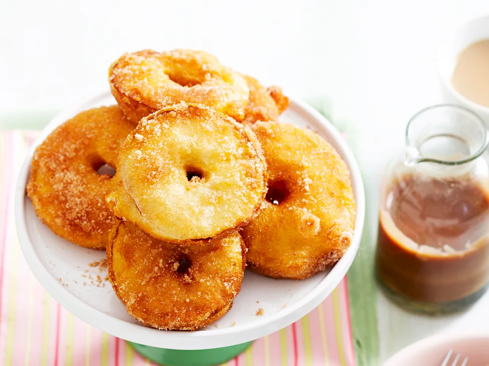 Apple fritters with choc-caramel sauce